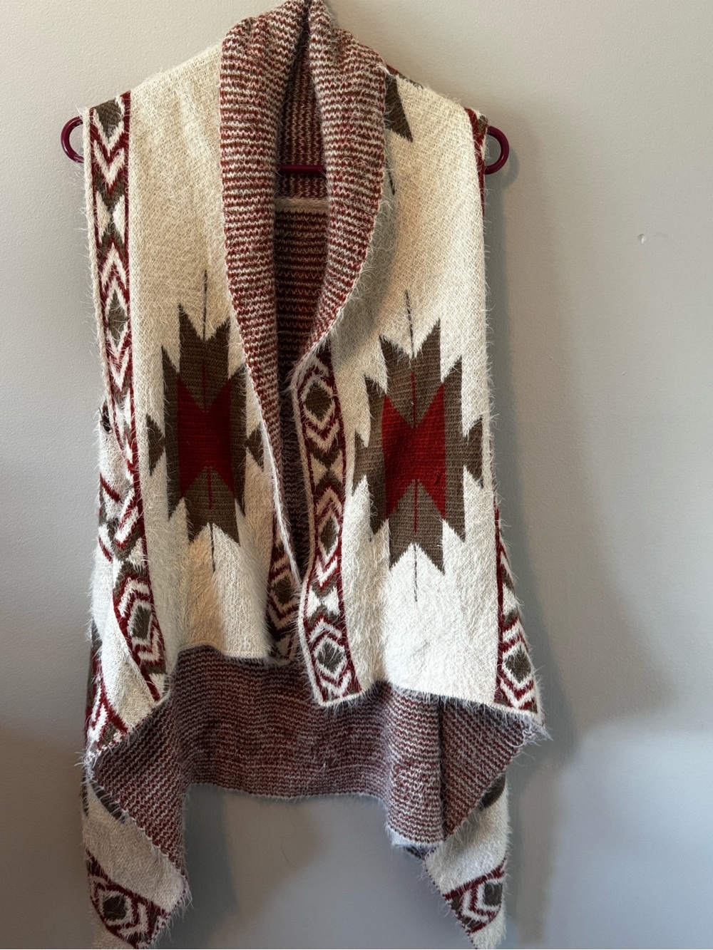 Shawl Collar Aztec Knit Sweater Vest - Cream & Red